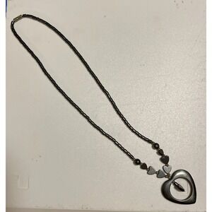 Vintage Hematite Heart Jewelry Pendant Necklace Gothic Energy Dark Metallic Look